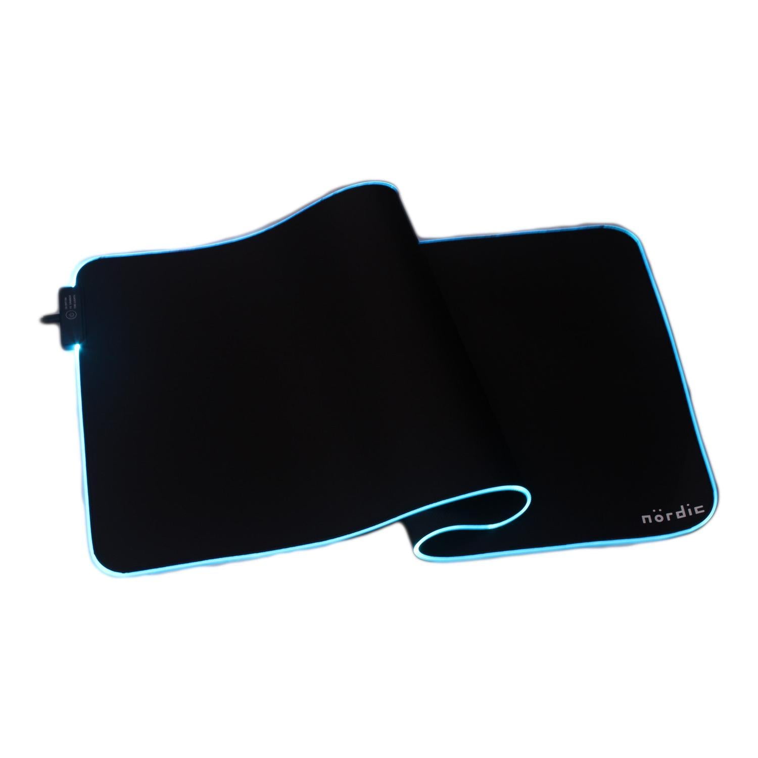 NÖRDIC RGB Gaming Mus Mat, 1200x600x4mm (XL), Slipfri naturgummi, Elastan Fabric Top, Svart