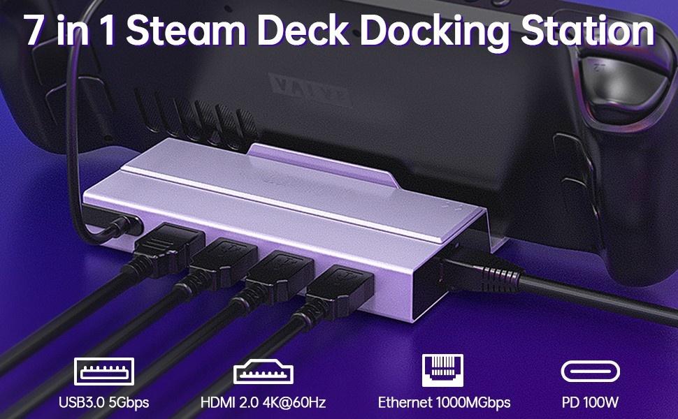 NÖRDIC Steam Deck-dokkingstasjon 1 til 7 - 1xHDMI 2.0 (4K60Hz), 1xM.2 SSD, 1xUSB-C PD 100W, 2xUSB-A 3.0, 1xUSB-A 2.0, 1xGigabit Ethernet