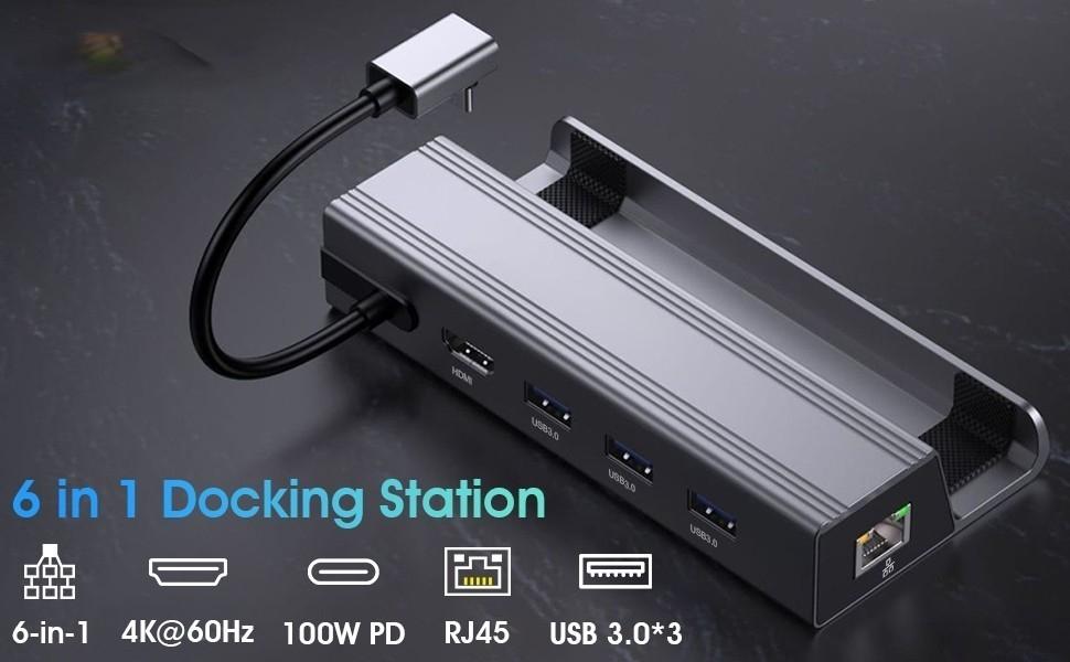 NÖRDIC Steam Deck-dokkingstasjon 1 til 6 - 1xHDMI4K60Hz, 1xUSB-C PD100W, 3xUSB-A 3.0 5Gbps, 1xRJ45 GigaLAN