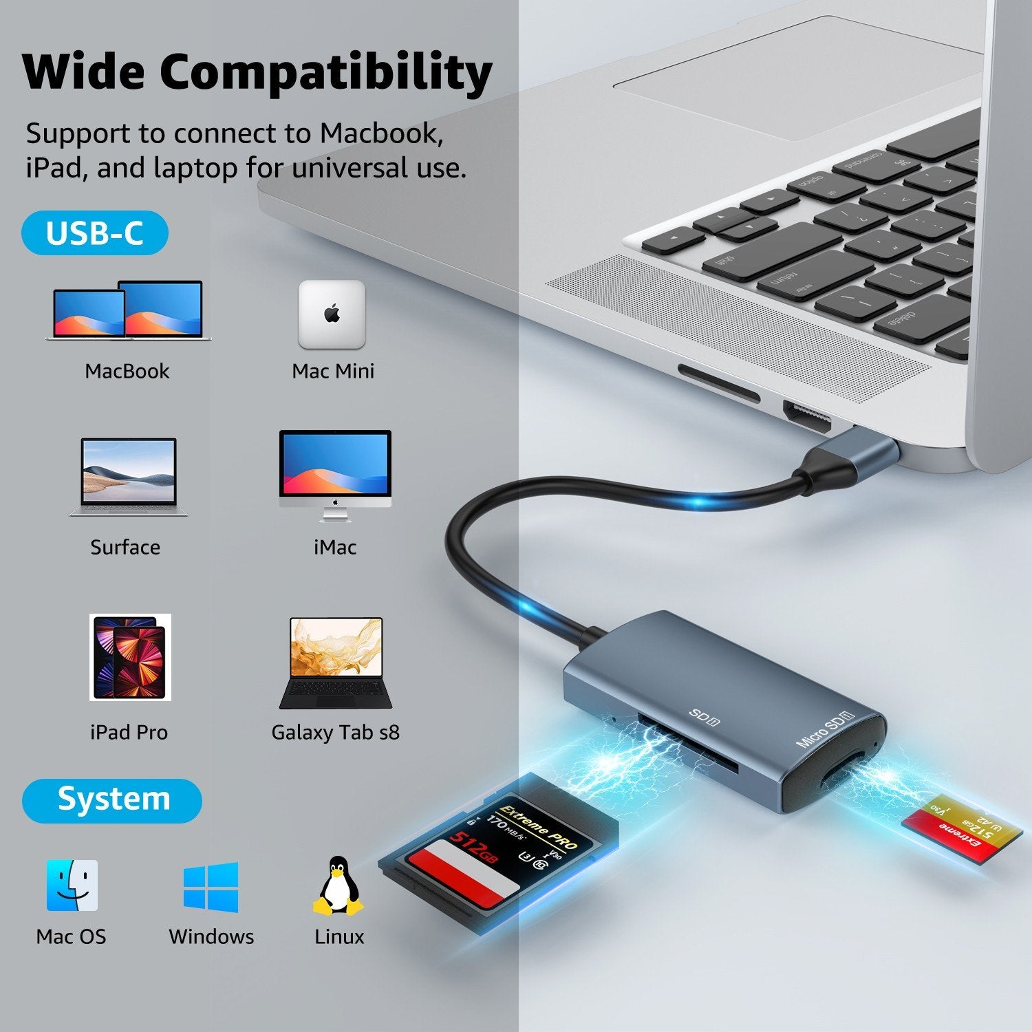 NÖRDIC USB-C 3.0 Kortleser 2 spor SD3.0, MicroSD3.0 UHS-I