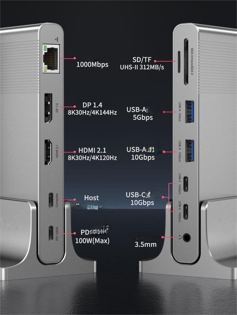 NÖRDIC USB-C 1 til 12 Dokkingstasjon 1xDP 8K30Hz 1xHDMI 8K30Hz 1xRJ45 GigaLan 1xUSB-C PD100W 3xUSB 10G 1xUSB 5G 1xSD 1XMicroSD 1x3,5 mm