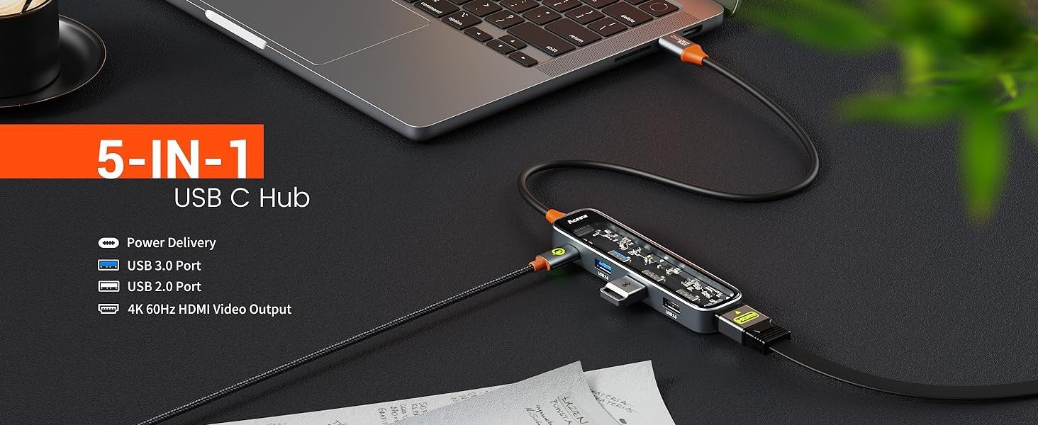 NÖRDIC USB-C 1 til 5 huber 1xHDMI 4K60Hz, 1xUSB-C PD 100W, 3xUSB-A, 30cm