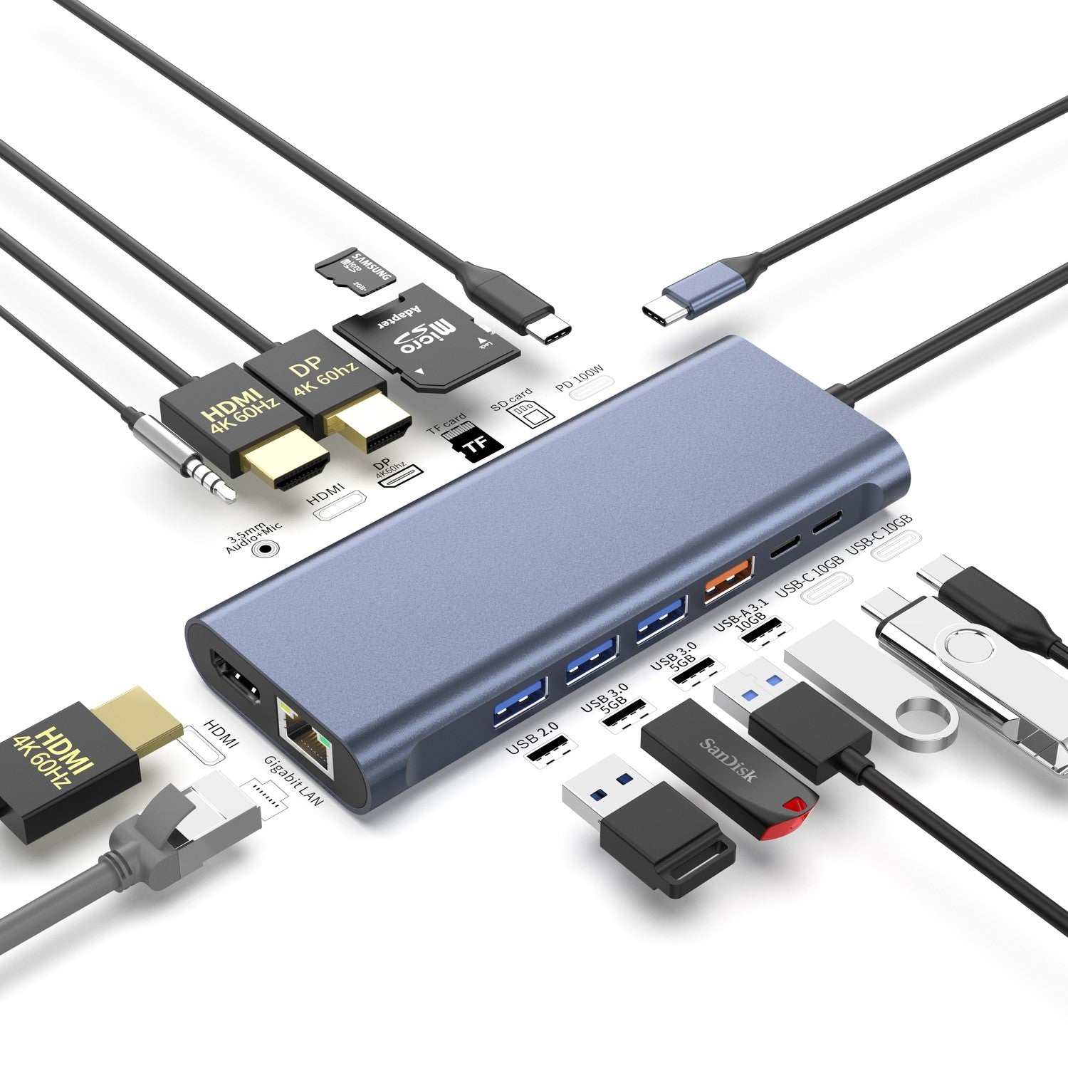 NÖRDIC USB-C 1 til 14 Dokkingstasjon Triple skjermer, 2xHDMI, 1xDP, 1xUSB-C PD 100W, 2xUSB-C, 4xUSB-A, med Ethernet
