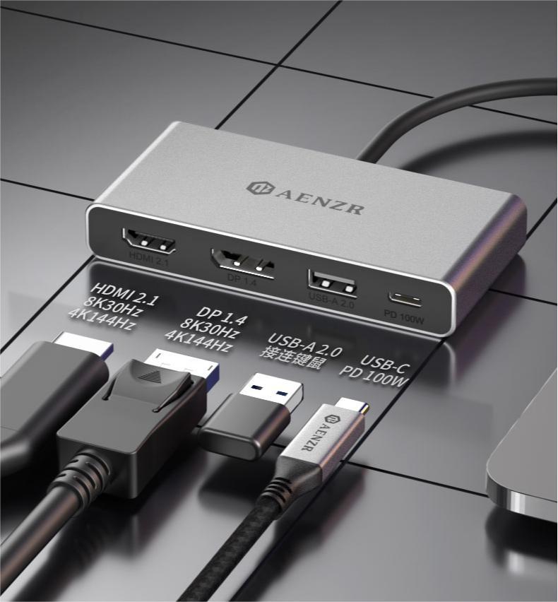 NÖRDIC USB-C 1 til 4 Dokkingstasjon 1xDP8K30Hz 1xHDMI8K30Hz 1xUSB-C PD 100W 1xUSB-A 2.0