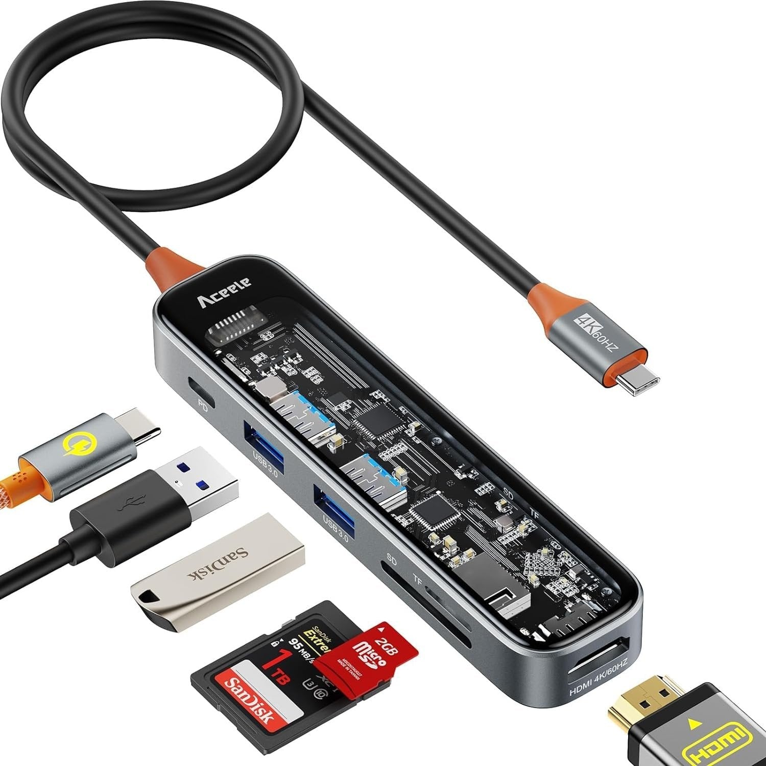 NÖRDIC USB-C 1 til 6 huber 1xHDMI4K60Hz 1xUSB-C PD 100W 2xUSB-A 5Gbps 1xSD 1xMicro SD