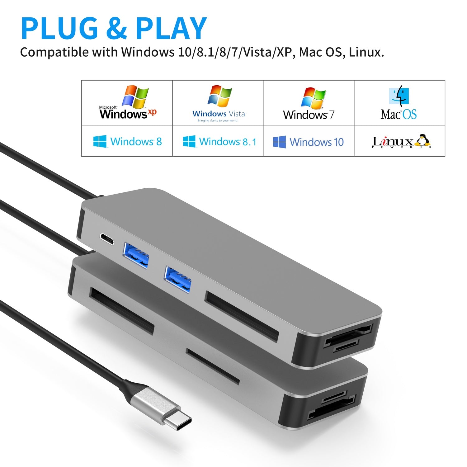 NÖRDIC USB-C Kortleser 5 Slot CF3.0 SD3.0, MicroSD3.0, MS3.0, XQD3.0, 2xUSB-A 3.0, 1xUSB-C 15W