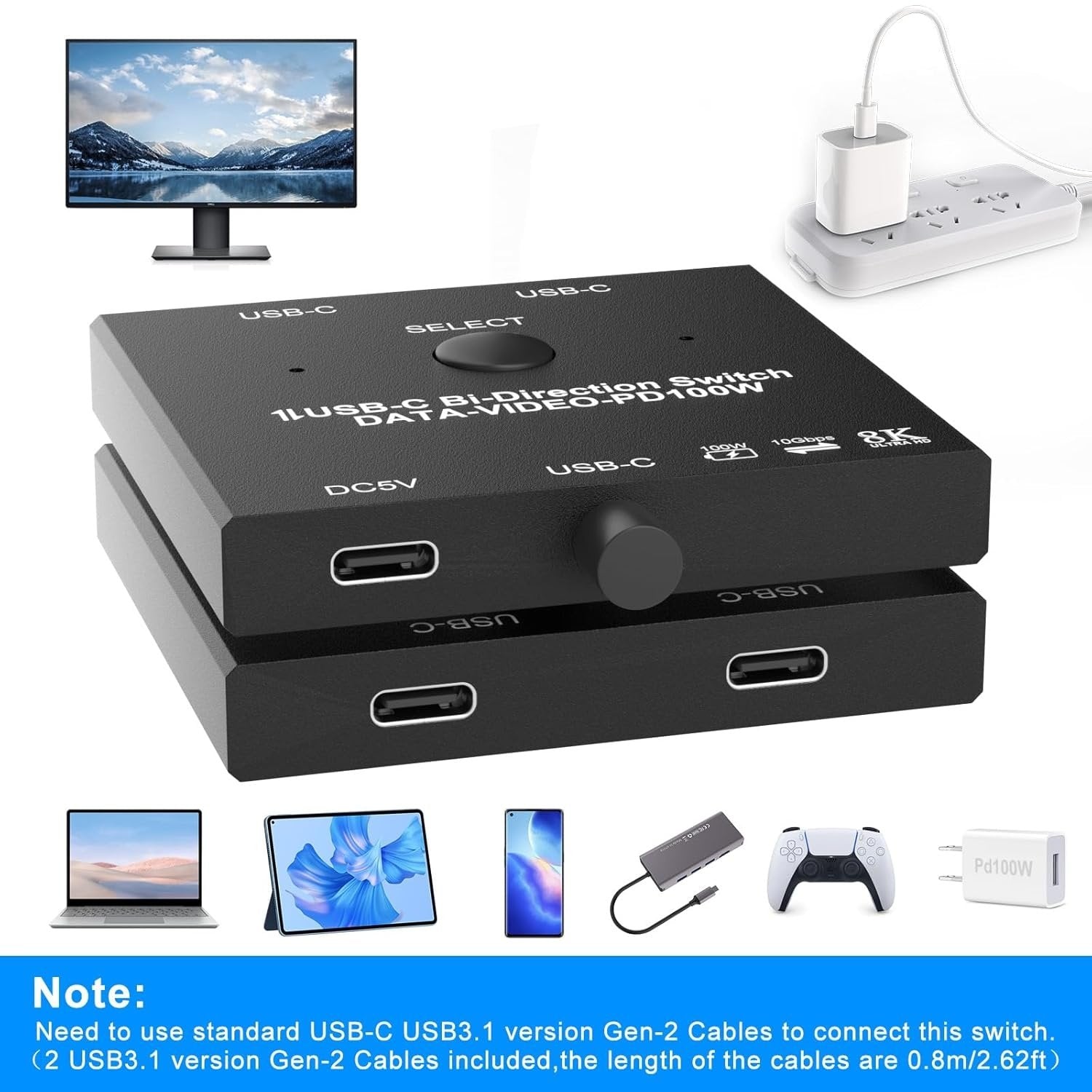 NÖRDIC USB-C 2 til 1 bryter & 1 til 2 splitter, 8K/60Hz 4K/144Hz 100WPD 10Gbps Data+Video+PD