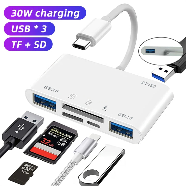 NÖRDIC USB-C Kortleser med 2 spor SD, MicroSD, 3xUSB-A, 1xUSB-C Lading 30W UHS-I