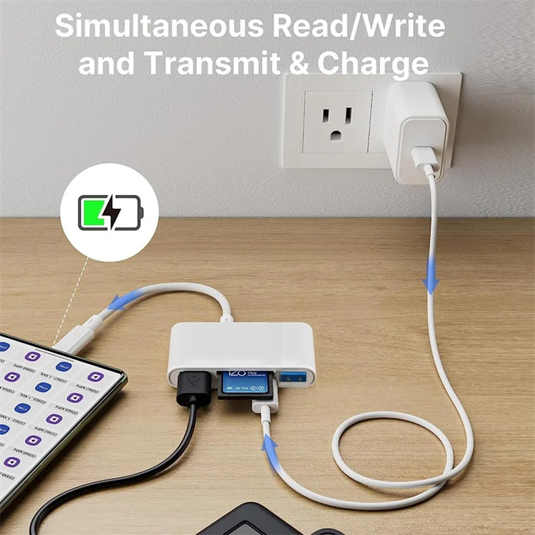 NÖRDIC USB-C Kortleser med 2 spor SD, MicroSD, 3xUSB-A, 1xUSB-C Lading 30W UHS-I