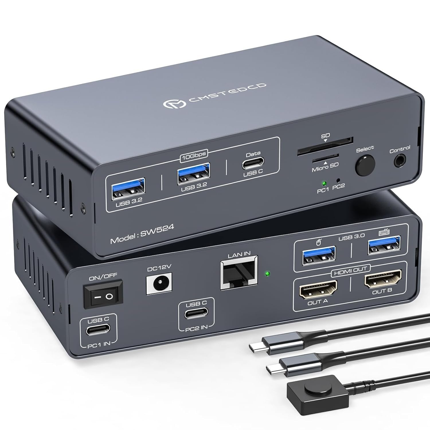 NÖRDIC USB-C Dokkingstasjon med KVM-switch 2 PC 2 skjermer 4K60Hz HDMI EDID 12-i-1 Gigabit Ethernet, kortleser, 5xUSB-A og USB-C