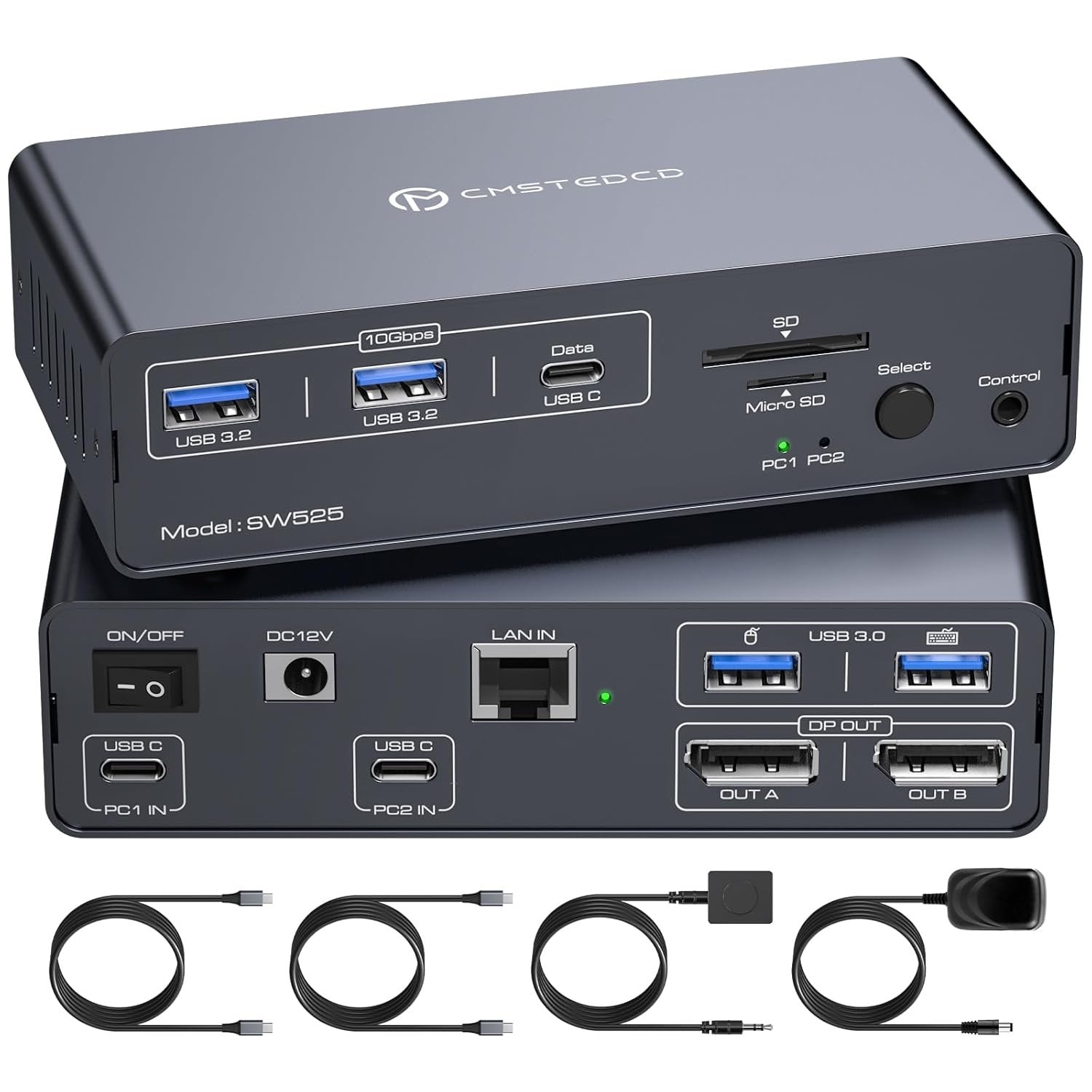 NÖRDIC USB-C Dokkingstasjon med KVM-bryter 2 PC-er 2 skjermer 4K120Hz DP Gigabit Ethernet, kortleser, 4xUSB-A og USB-C