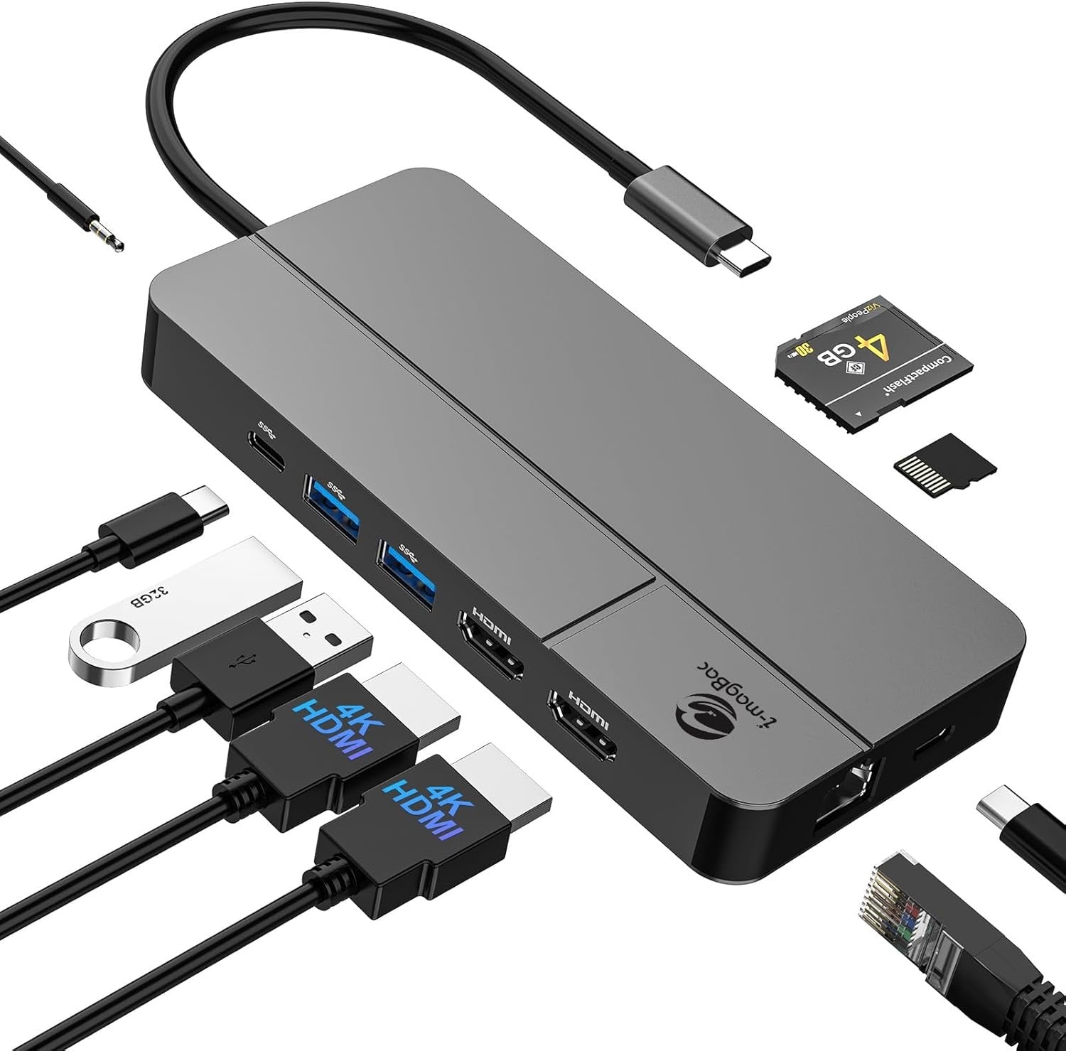 NÖRDIC USB-C Dockingstasjon 1 til 10 med 2xHDMI 4K60Hz 1xPD100W 1xRJ45 GigaLan 1xSD/MicroSD 2xUSB-A 1xUSB-C 1xAudio støtte MacBook M1, M2, M3, og M4