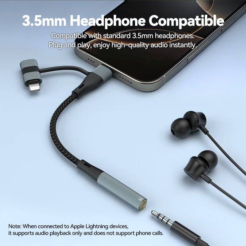 NÖRDIC USB-C/Lightning til stereo 3,5 mm-adapter 15 cm