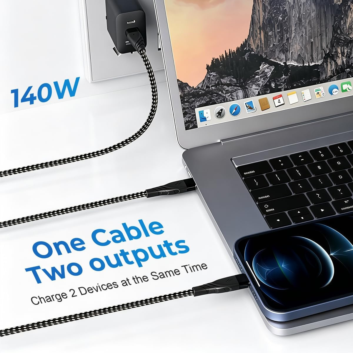 NÖRDIC USB-C-splitter 1 til 2 kabel 1,2m PD 140W hurtiglading