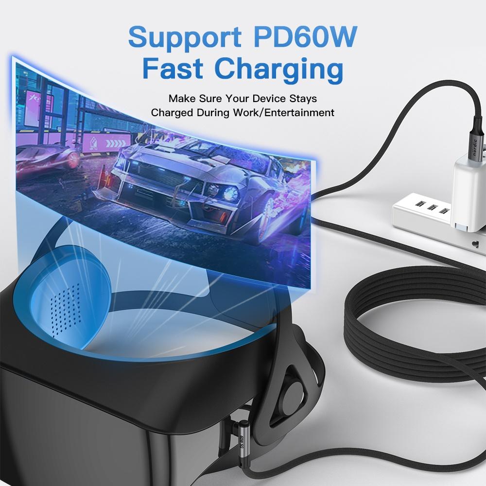 NÖRDIC VR Link kabel 5m USB3.2 Gen1 USB-C til C 20Gbps 100W 4K60Hz rask lading Quest 2 Super Speed USB Link-kabel Svart