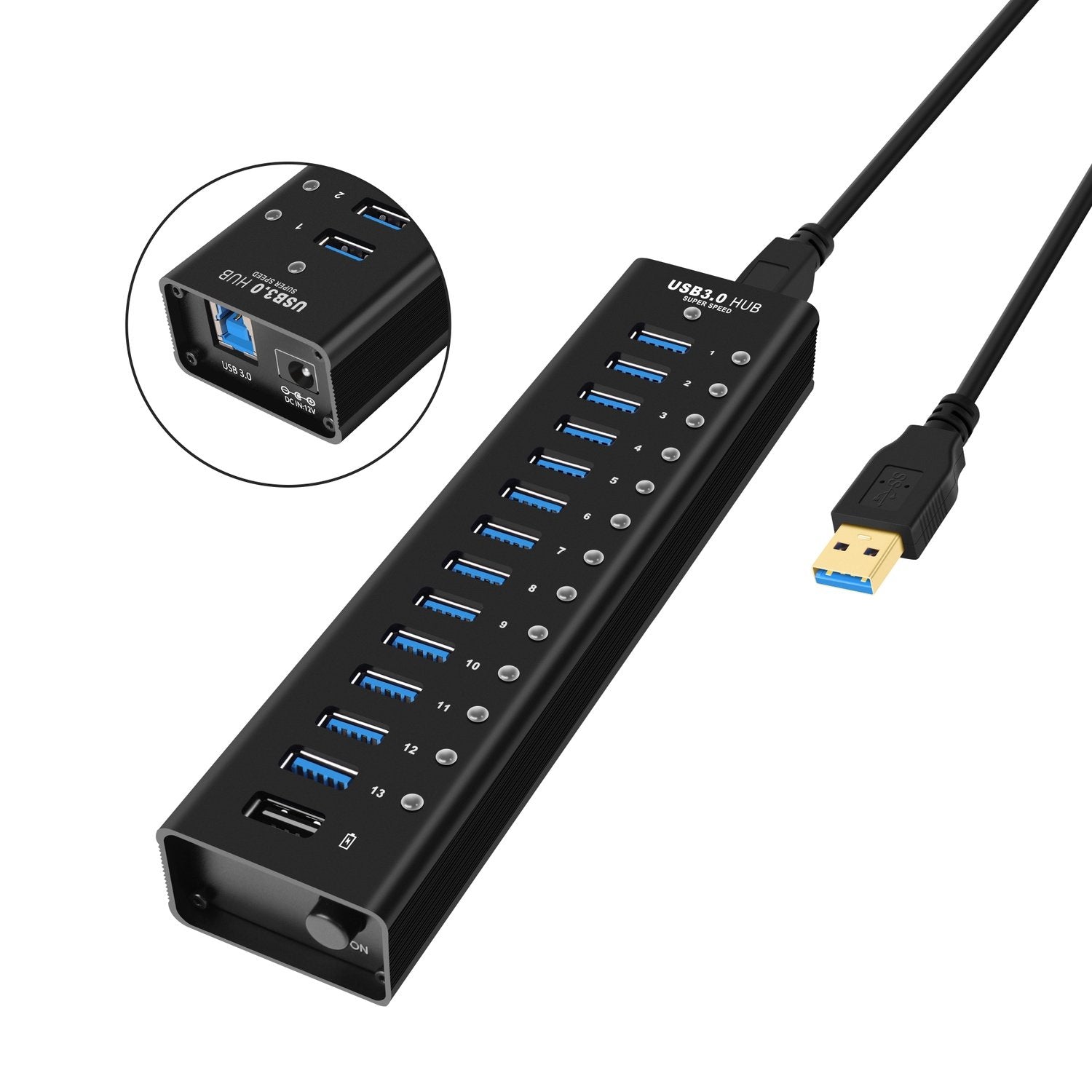 NÖRDIC drevet 14-porters USB 3.0 HUB 5 Gbps 1,2 mm kabel aluminium svart med strømforsyning
