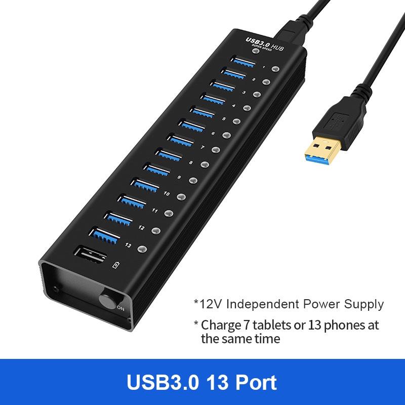 NÖRDIC drevet 14-porters USB 3.0 HUB 5 Gbps 1,2 mm kabel aluminium svart med strømforsyning