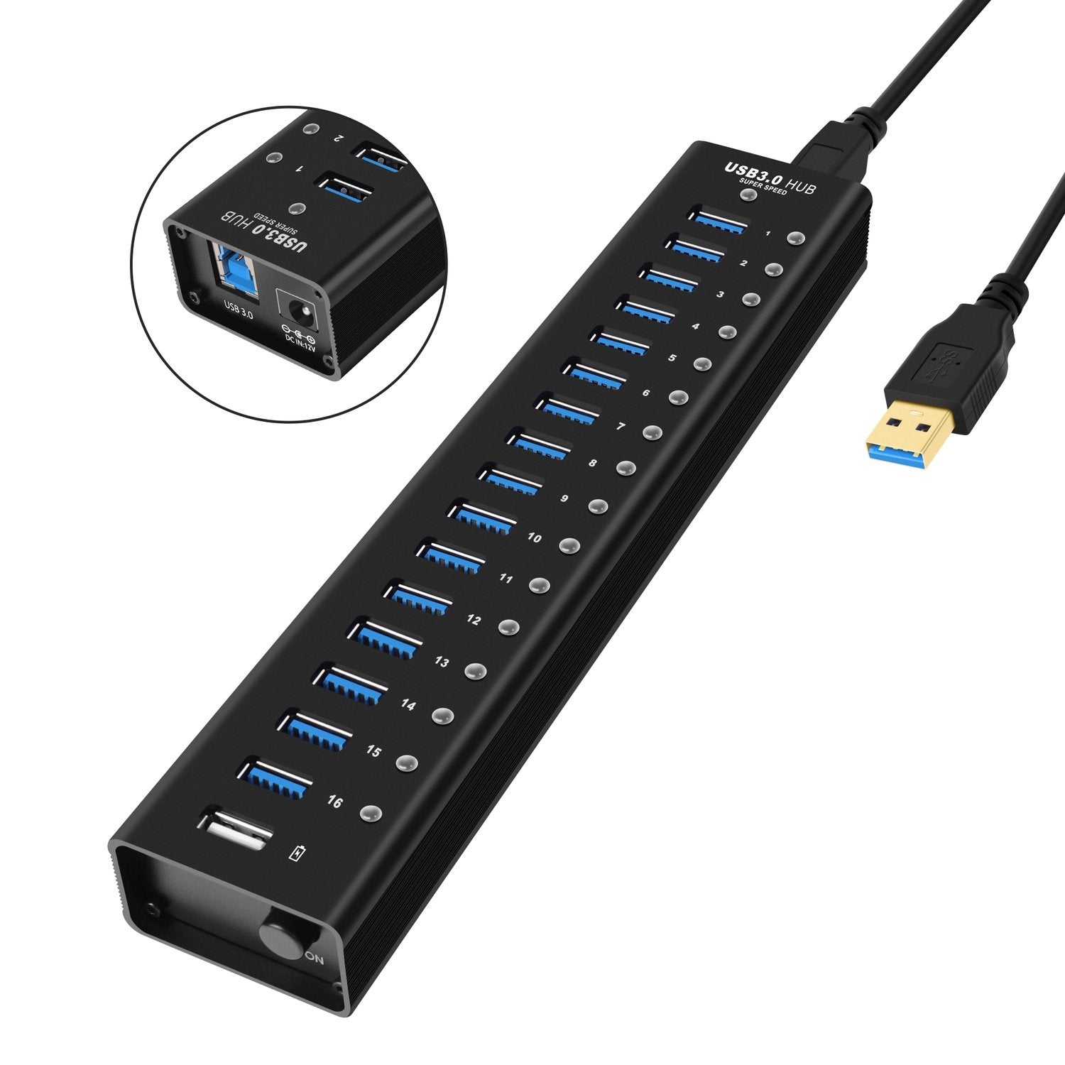 NÖRDIC drevet 17-ports USB 3.0 HUB 5 Gbps 1,2 mm kabel aluminium svart med strømforsyning