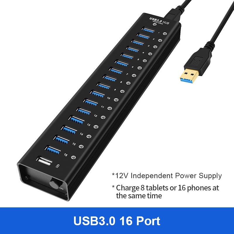 NÖRDIC drevet 17-ports USB 3.0 HUB 5 Gbps 1,2 mm kabel aluminium svart med strømforsyning