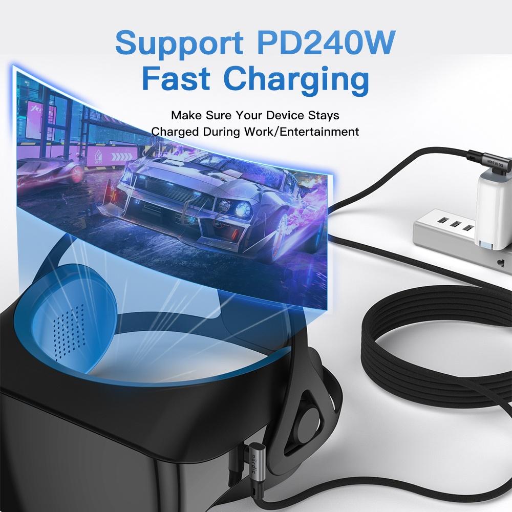 NÖRDIC vinklet 1m USB4 USB-C til C Nylonflettet kabel PD3.1 240W 40G 8K60Hz 4K144Hz Grå