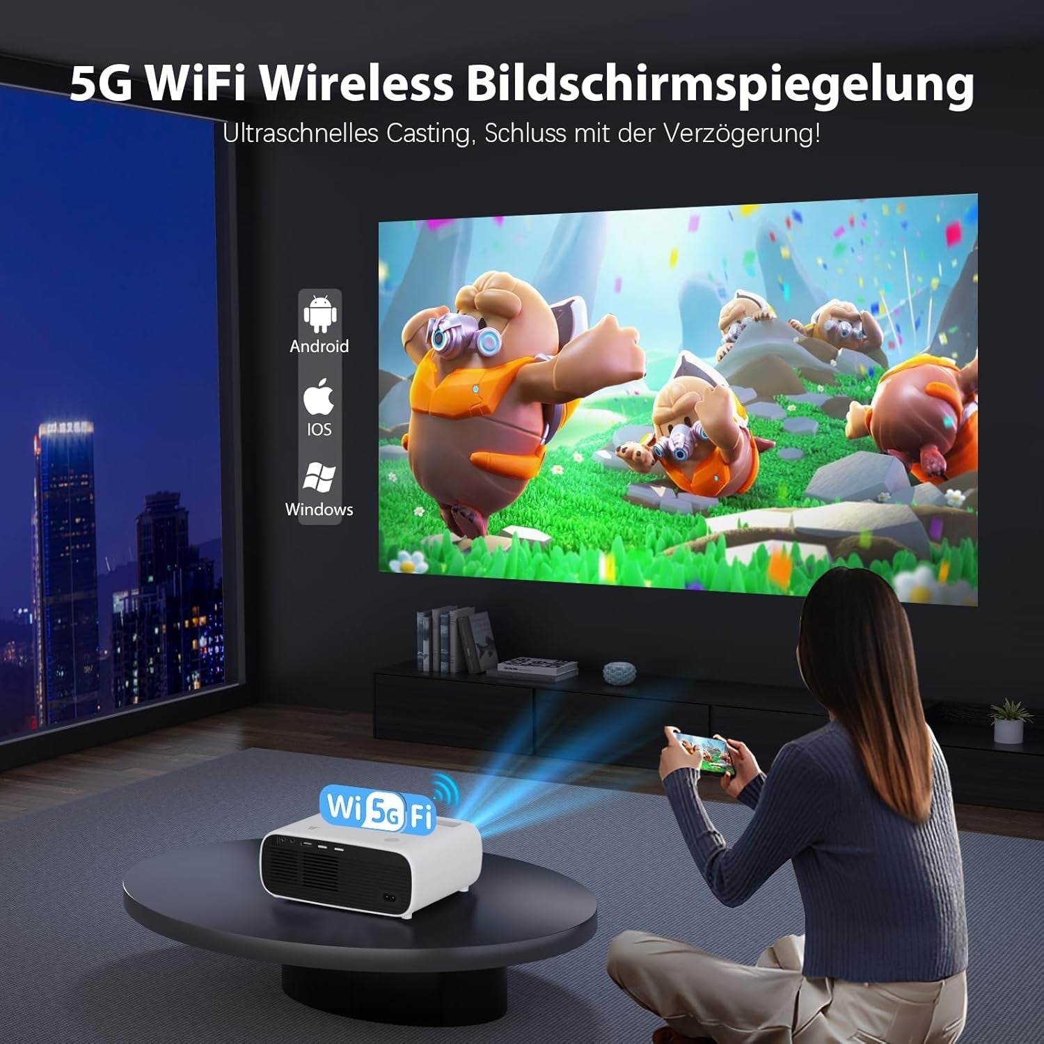 Projektor med WiFi og Bluetooth, 20 000 Lumen, 4K-støtte, Full HD 1080P-oppløsning, støtter Switch og PS5