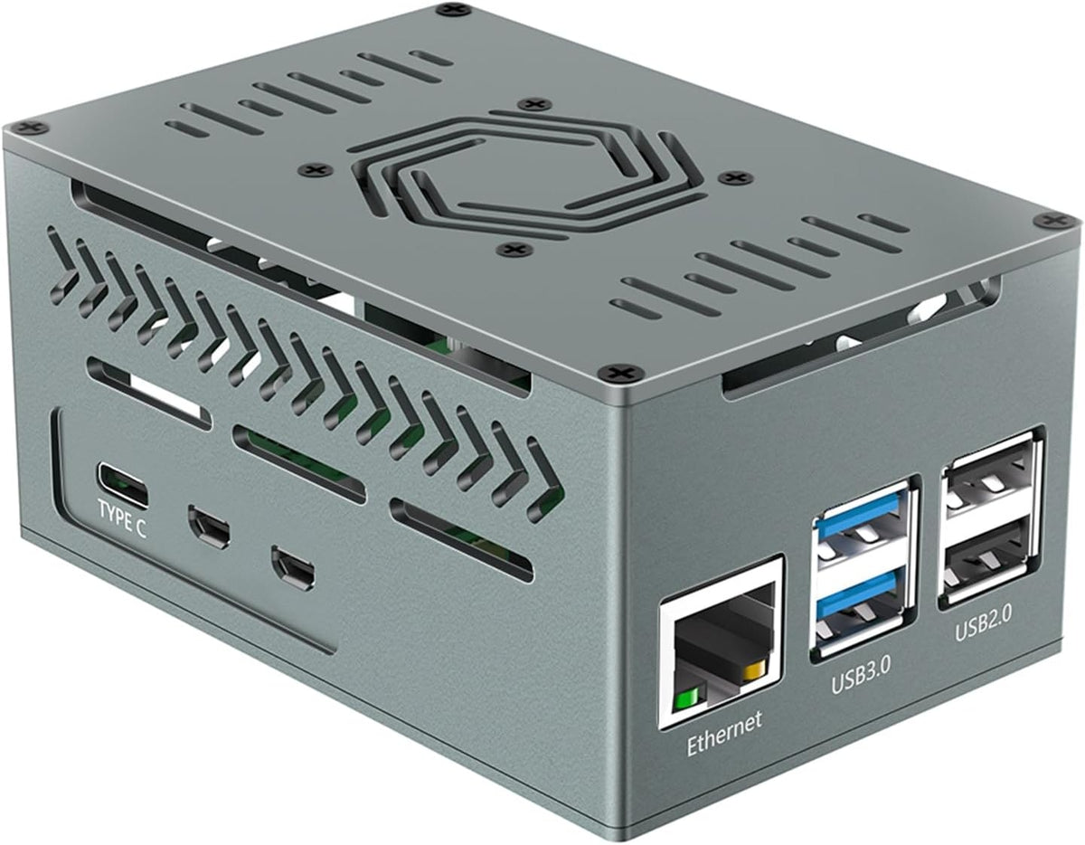 Raspberry Pi 5-kabinett i aluminium med PWM-vifte og kjøleribber