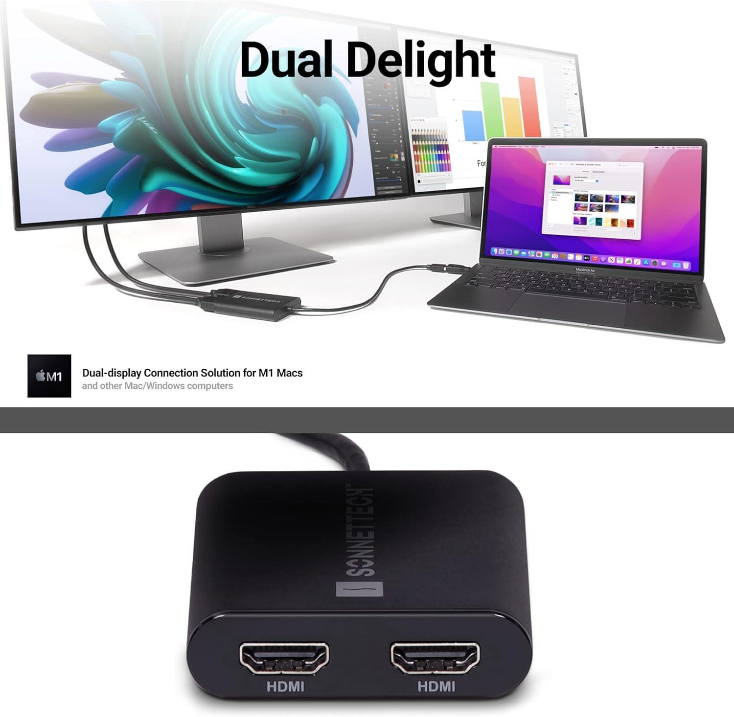 Sonnet USB-A og USB-C Dual 4K HDMI 2.0 Displaylink Adapter for bærbare datamaskiner og M1/M2 Mac-er