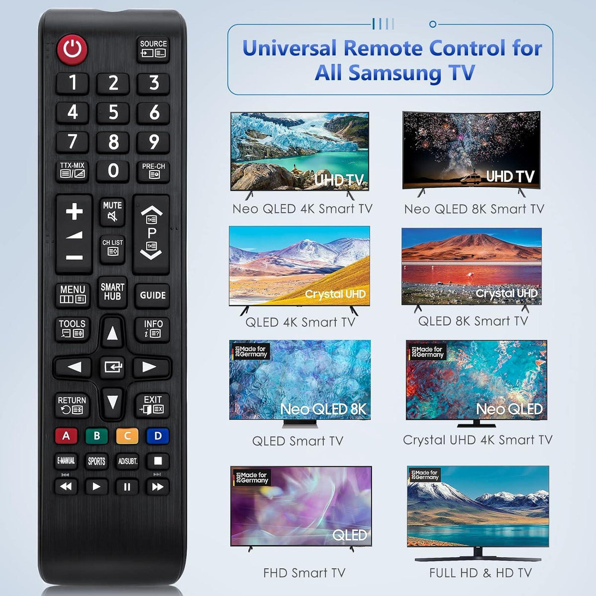 Universell fjernkontroll for Samsung Smart TV kompatibel med Samsung originale fjernkontroller