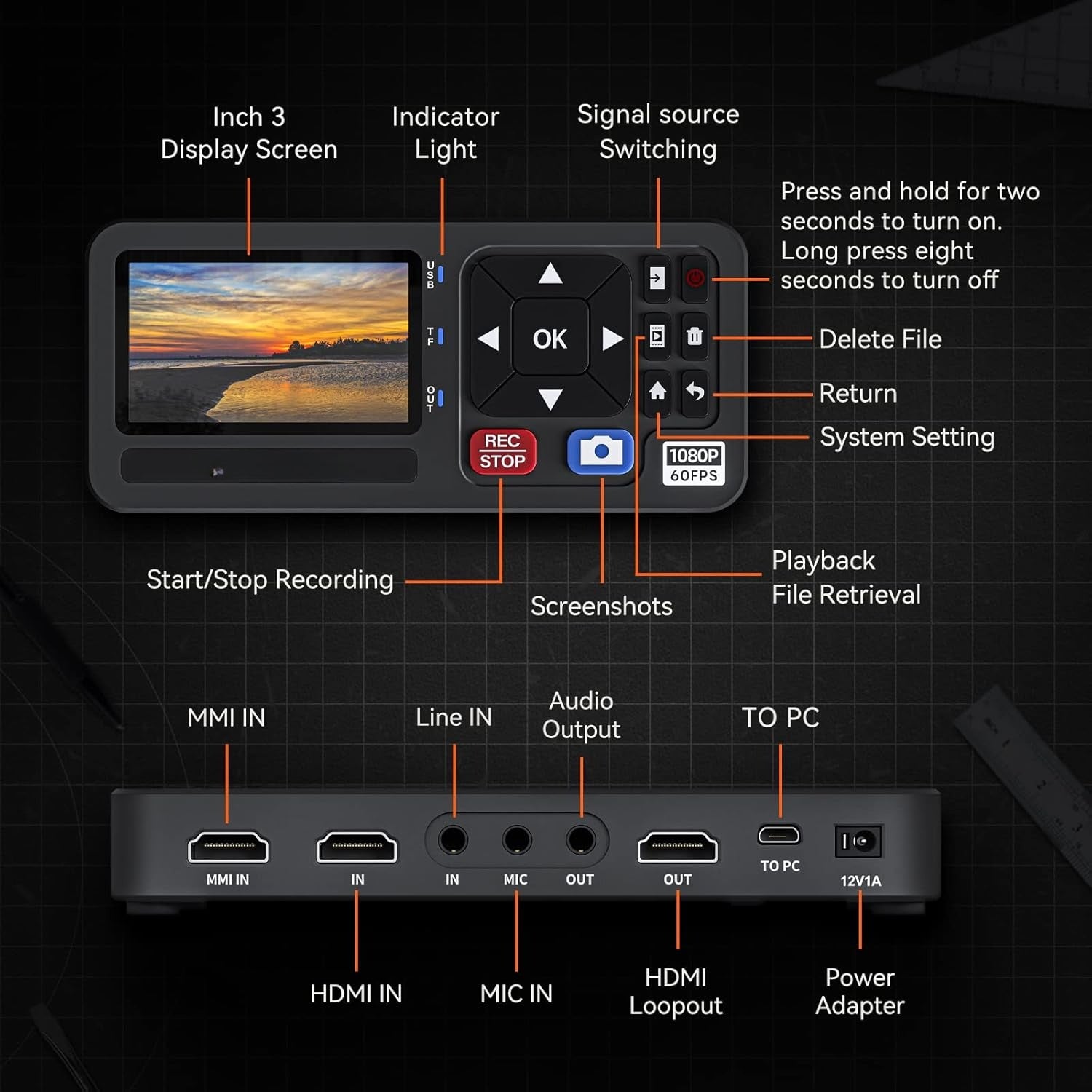 Video till Digital Omvandlare 4K HDMI/CVBS/VGA/YPBPR Input Video-inspelare från VCR, DVD, VHS, Hi8, videokameror 4K inspelning 1080P 60FPS