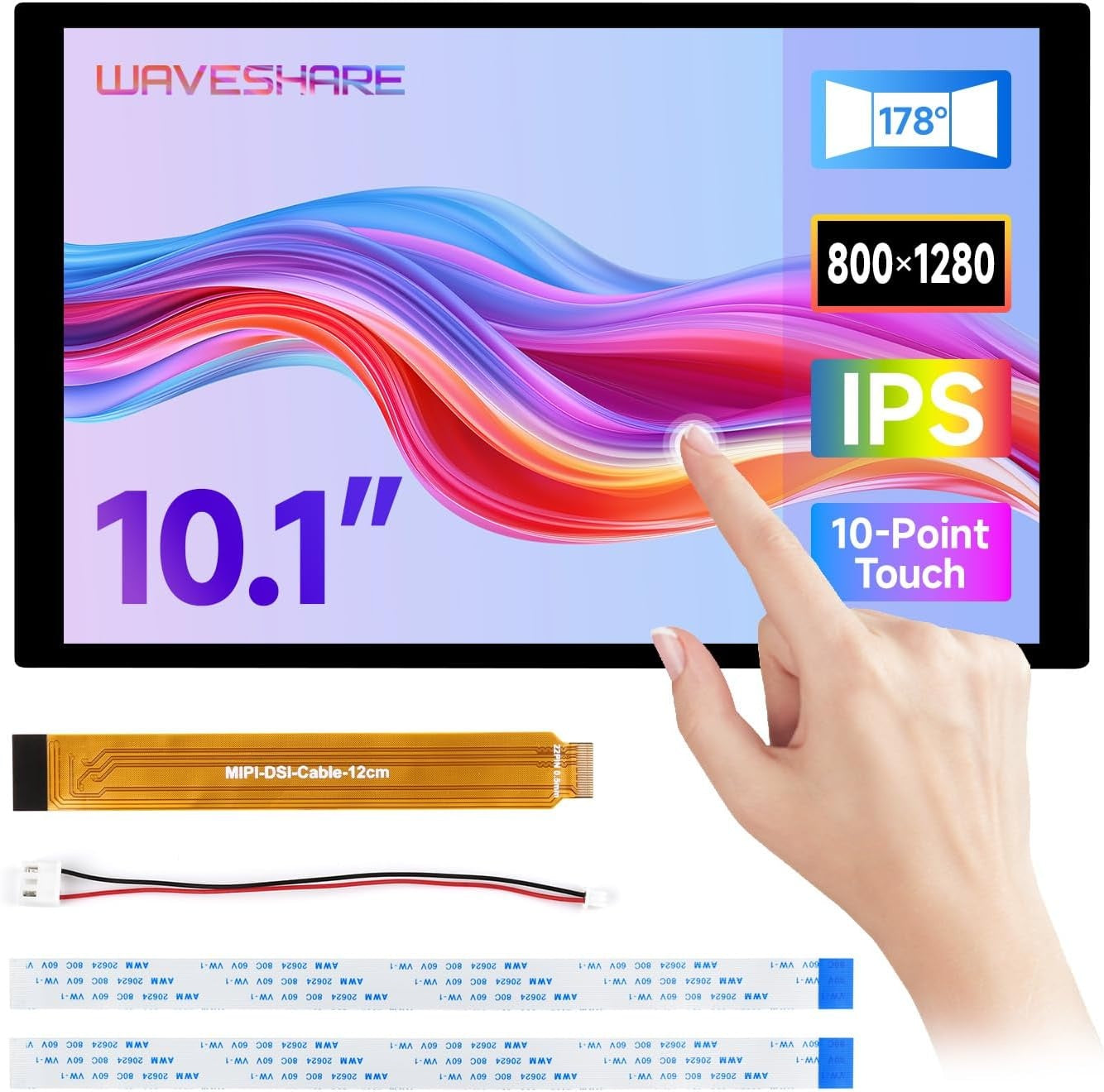 Waveshare 10,1" DSI Touchskjerm, 800 x 1280, IPS-panel, Optical Bonding herdet glass, for Raspberry Pi/RK3576/RK3506/ESP32-P4