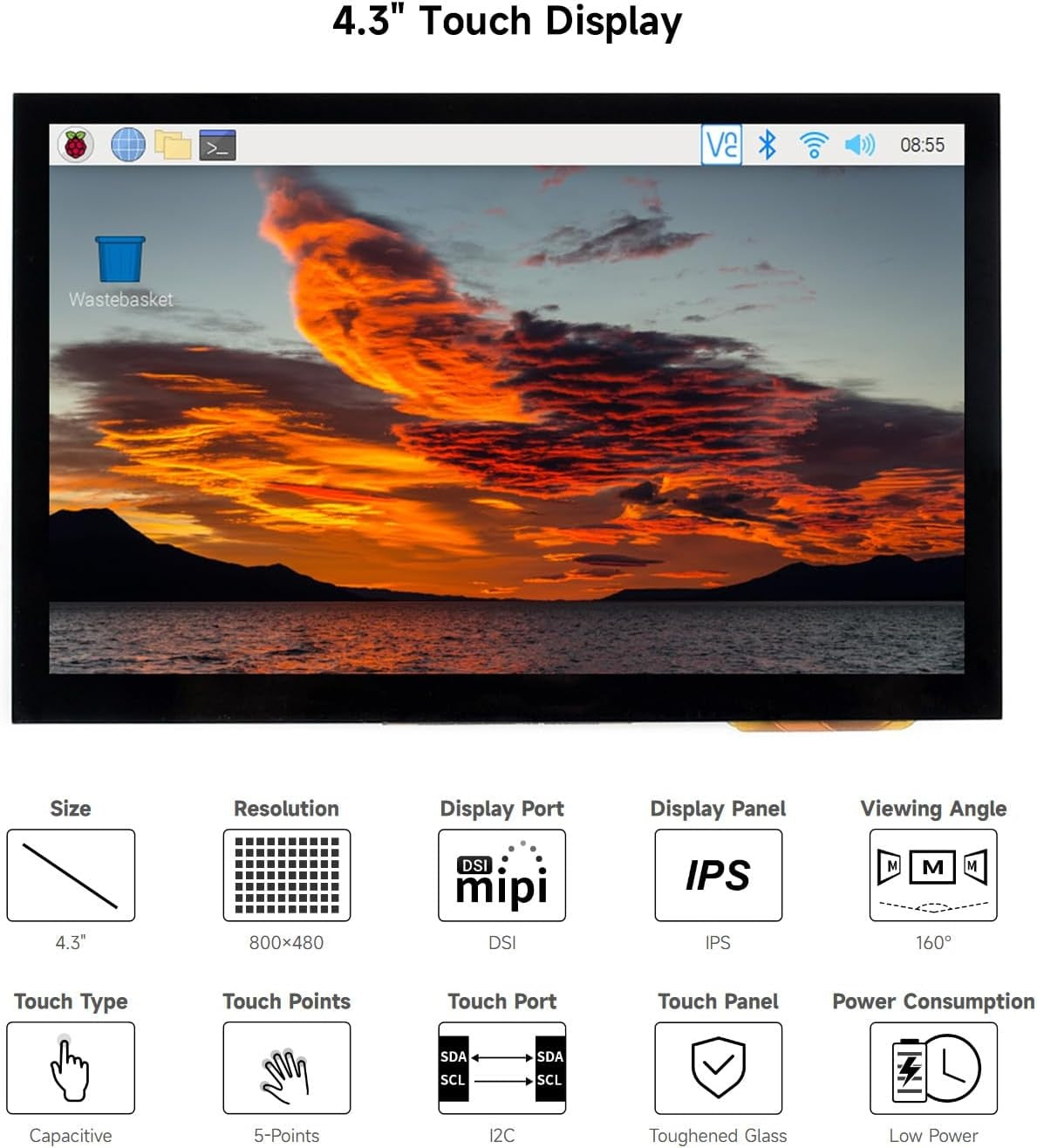 Waveshare 4,3-tommers LCD Touch-skjerm for Raspberry Pi 5/4B/3B+/3A+/3B/2B/B+/A+ 800 × 480 IPS