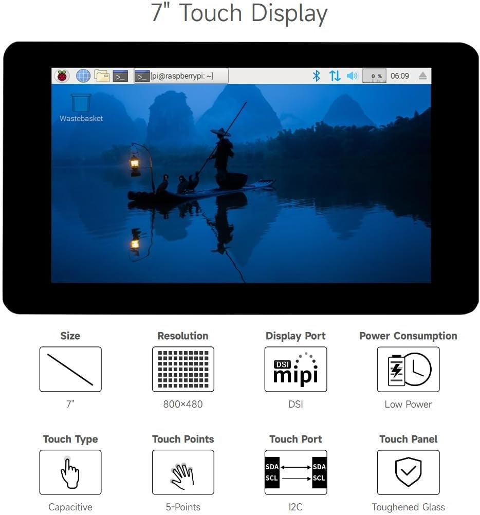 Waveshare 7-tommers berøringsskjerm for Raspberry Pi 5, 4B, Raspberry Pi 3B+/3B/3A+, CM3/3+/4 og VisionFive2 Core3566, 800 × 480 oppløsning med DSI-grensesnitt