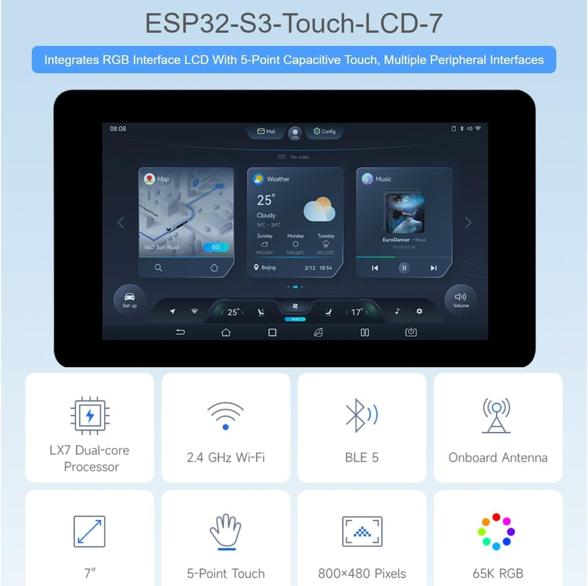 Waveshare 7" ESP32-S3 Touch Display Utviklingskort, 800 x 480, 65k RGB, 5-punkts touch, Støtter WiFi og Bluetooth