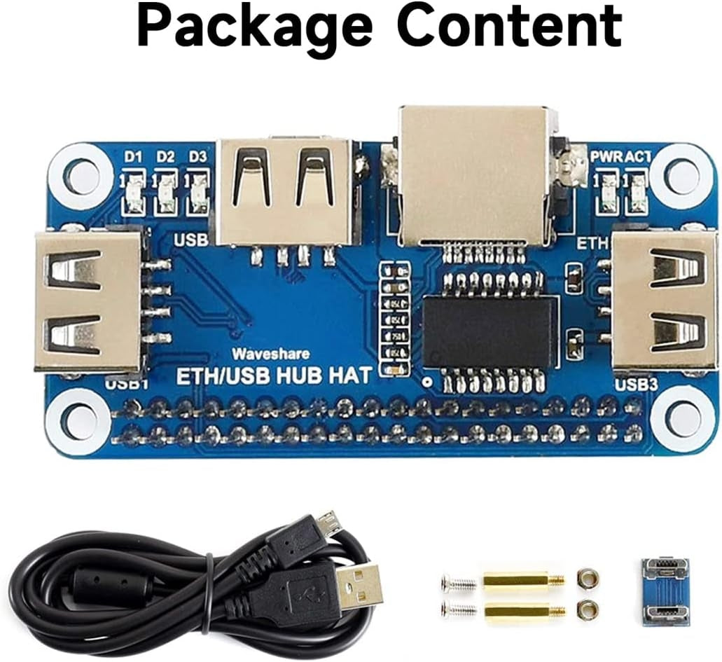 Waveshare Ethernet/USB HUB HAT for Raspberry Pi 1x RJ45 Ethernet-port 3x USB-porter Kompatibel med USB 2.0/1.1 Passer Zero/Zero W/Zero WH