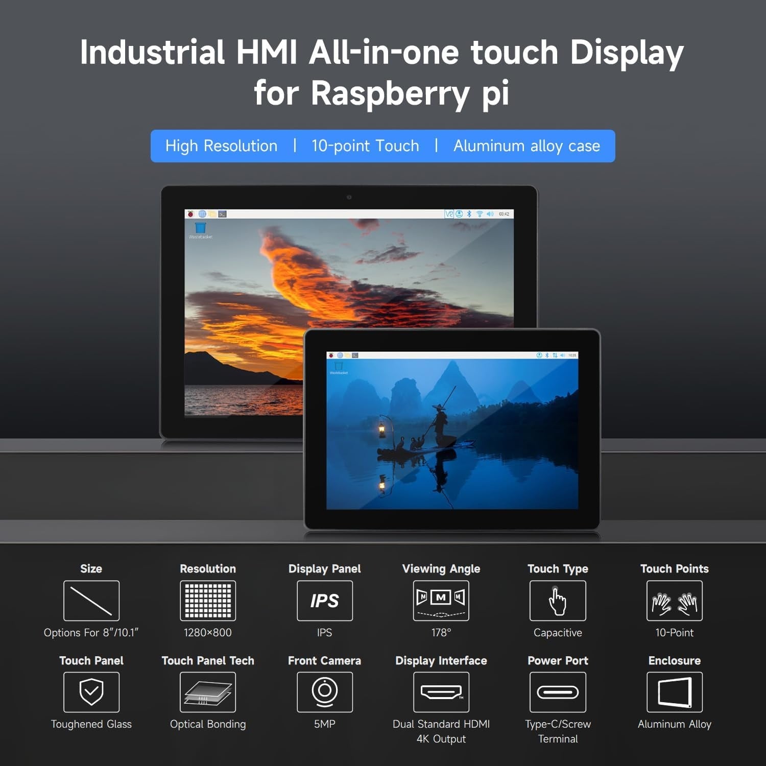 Waveshare industriell HMI alt-i-ett 10,1" berøringsskjerm, kompatibel med Raspberry Pi 4 (inkludert), støtter dobbel 4K HDMI-utgang