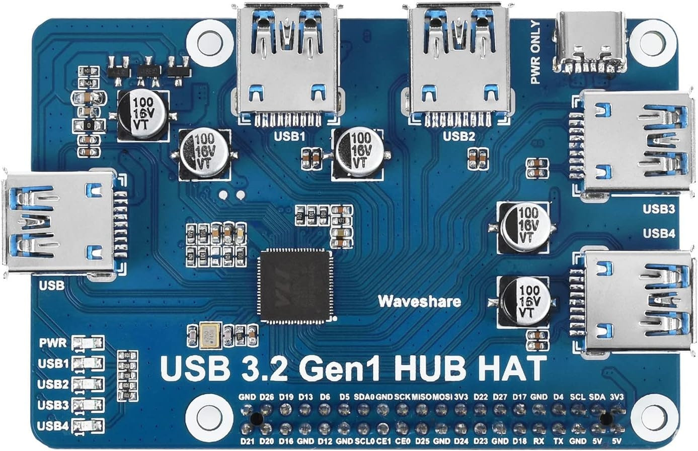 Waveshare USB 3.2 Gen1 HUB HAT for Raspberry Pi 4 med 4x USB 3.2 Gen1-porter opptil 5 Gbps