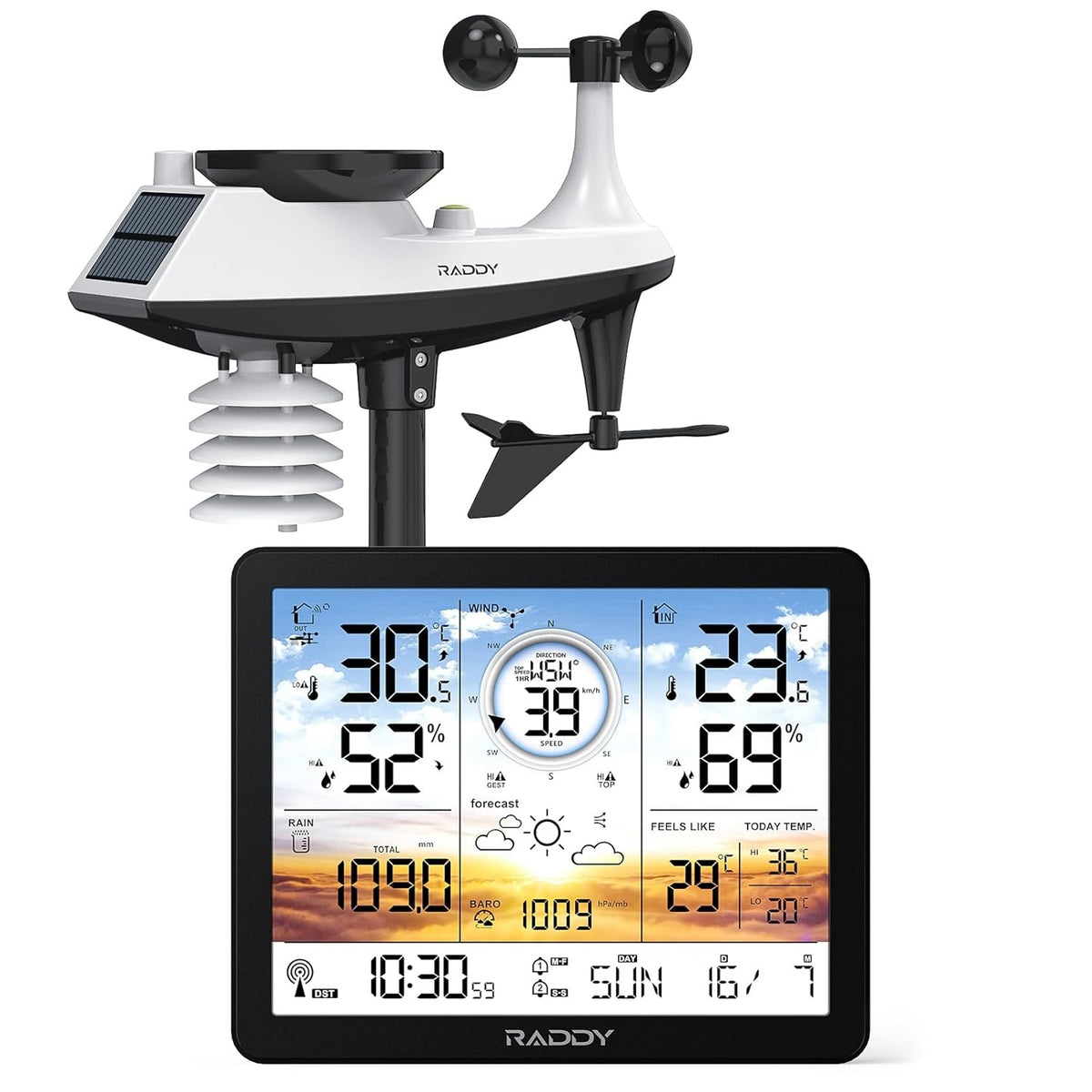 Trådløs værstasjon for innendørs og utendørs bruk, profesjonelt termometer, radiostyrt klokke, temperatur- og luftfuktighetsmåler, 7,4" LCD-Display