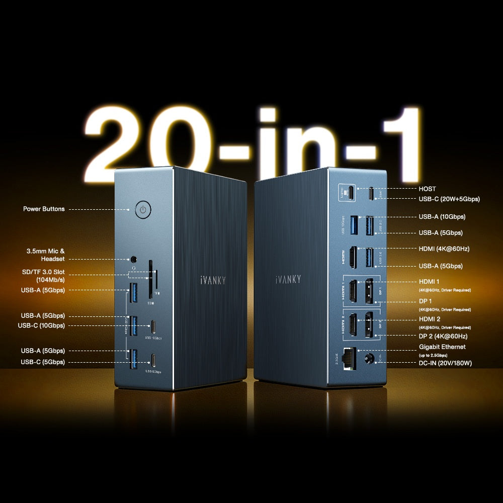 iVANKY 20-i-1 DisplayLink Dockingstasjon Air FusionDock Pro 2, Triple 4K@60Hz skjermer for M1/M2/M3/M4/M5 MacBook/Windows, 180W, 2.5GbE, HDMI, DP, 10Gbps