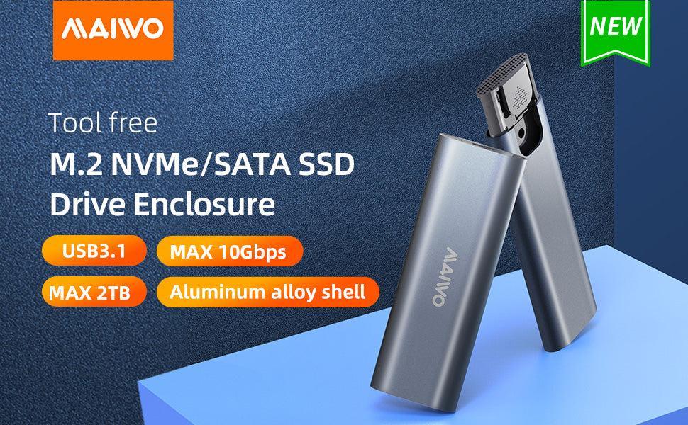 Maiwo K1689 M.2 SATA & NVMe SSD-kombinasjon for USB3.2 Gen2 10 Gbps eksternt deksel skruløs design aluminium