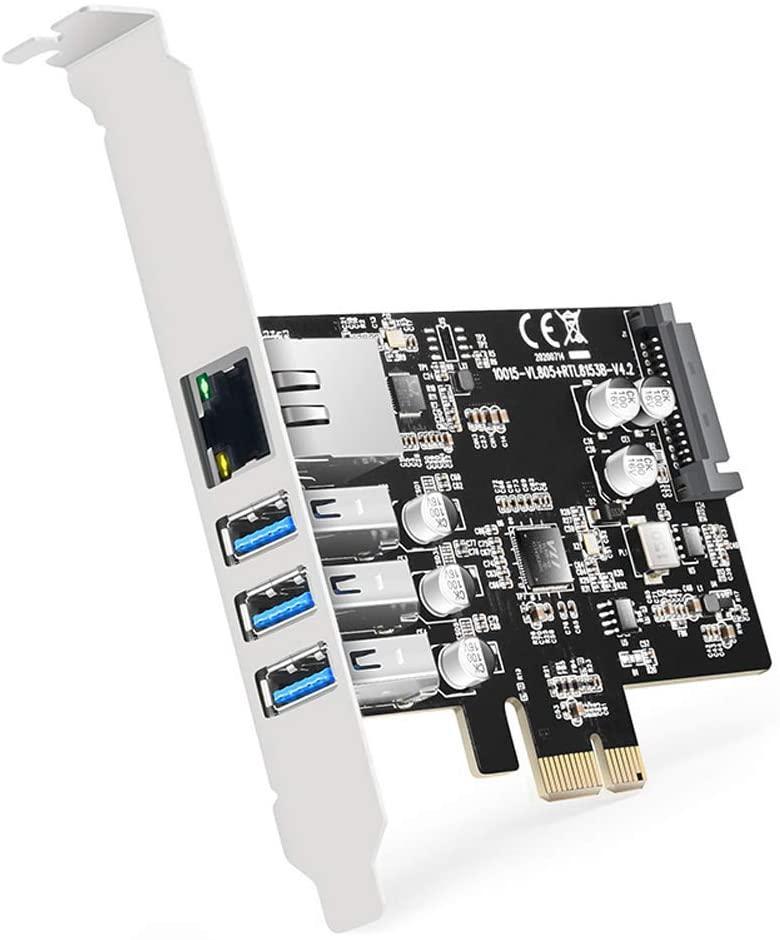 Maiwo KC015 PCI Express X1-kort til 3xUSB3.0 5Gbps og 1x Gigabit Ethernet