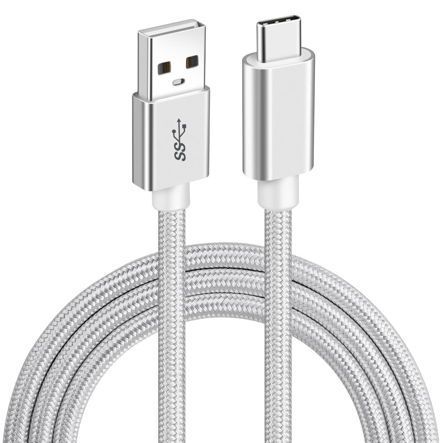 NÖRDIC 1m USB-C til USB-A kabel USB3.1 Gen1 Fast Charge 3A 60W 5Gbps Nylon Flettet Hvit