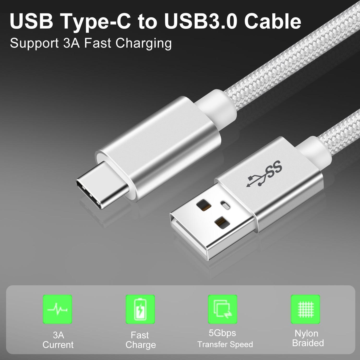 NÖRDIC 1m USB-C til USB-A kabel USB3.1 Gen1 Fast Charge 3A 60W 5Gbps Nylon Flettet Hvit