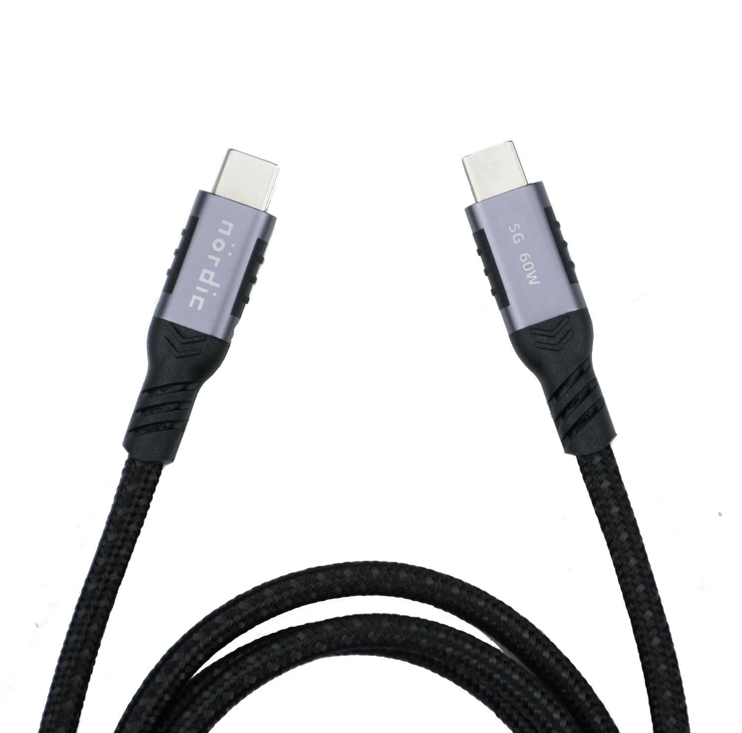 NÖRDIC 1m USB3.2 Gen1 USB-C til C nylonflettet kabel hurtiglading 3A 5Gbps Strømforsyning PD 60W