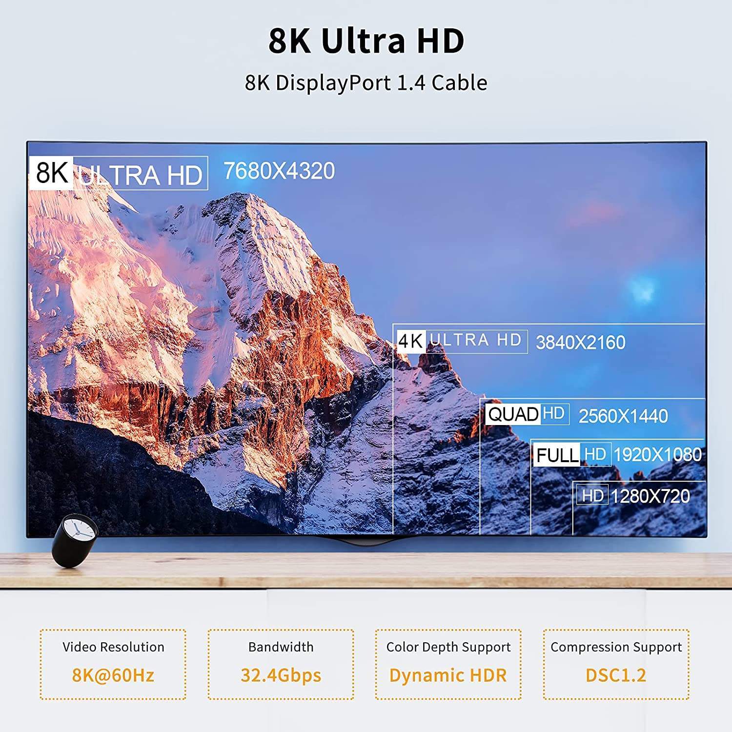 NÖRDIC 1m vinklet Displayport til Displayport-kabel ver 1.4 UHD 8K i 60Hz 32.4Gbps 10-bit HDR dobbeltskjermet