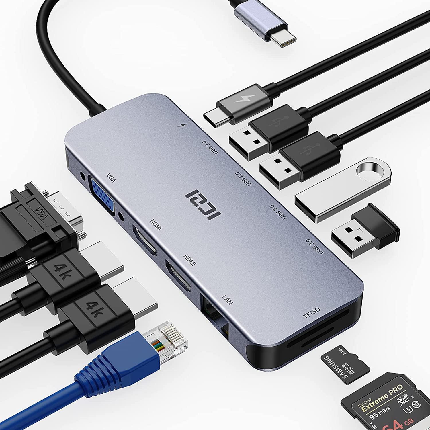 NÖRDIC 1 til 11 USB-C-dokkingstasjon for trippelskjermer 2xHDMI 4K30Hz, 1xVGA Mac M1 M2 PD 100W Thunderbolt 3 & 4