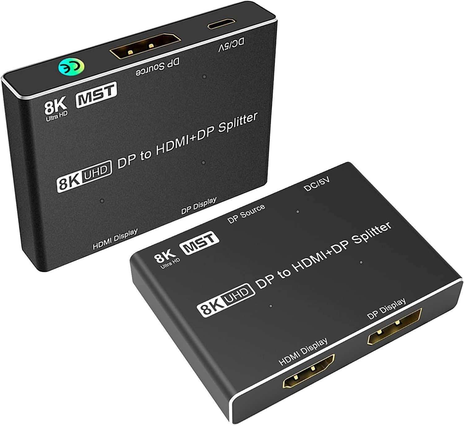 NÖRDIC 1 til 2 splitter 1xDisplayport til 1xHDMI og 1xDisplayport 8K30Hz støtte for MST og HDR