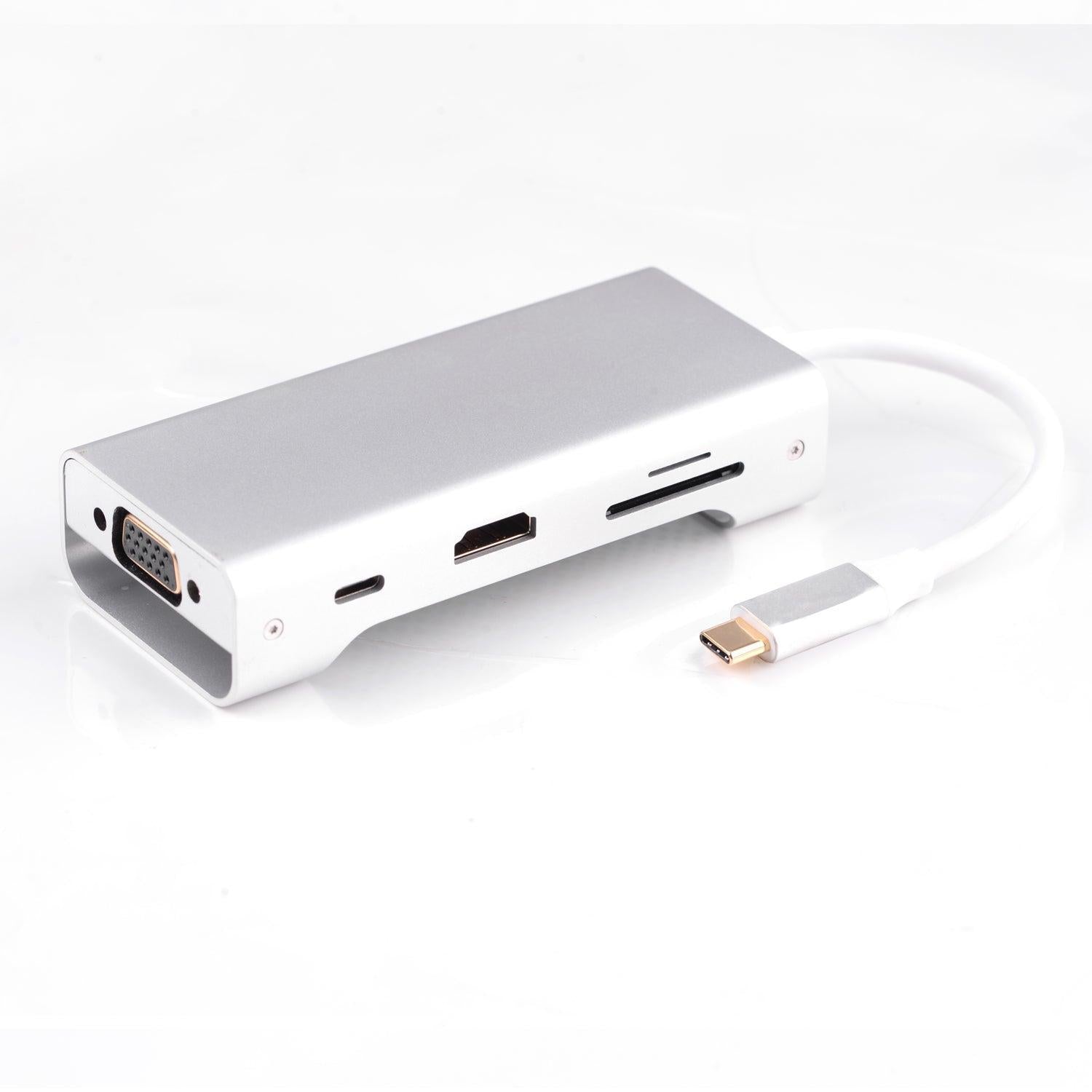 NÖRDIC 1 til 8 USB C Aluminium Docking Station 1xHDMI 4K 30Hz 1xvga 1080p 3xUSB 3.1 5GBP 1X USB C PD87W 1XSD / TF Card Reader Silver