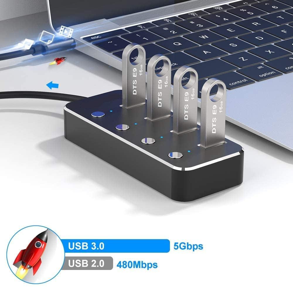 NÖRDIC 4-ports hub USB-C 3.0 5Gbps med individuell bryter 25 cm kabel svart aluminium