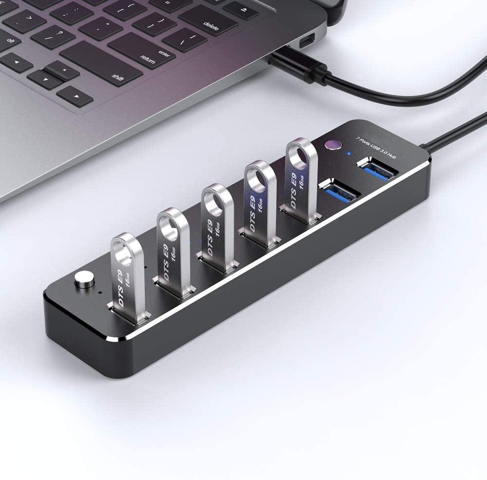NÖRDIC 7-ports hub USB-C 3.0 5Gbps med individuell bryter 25 cm kabel svart aluminium
