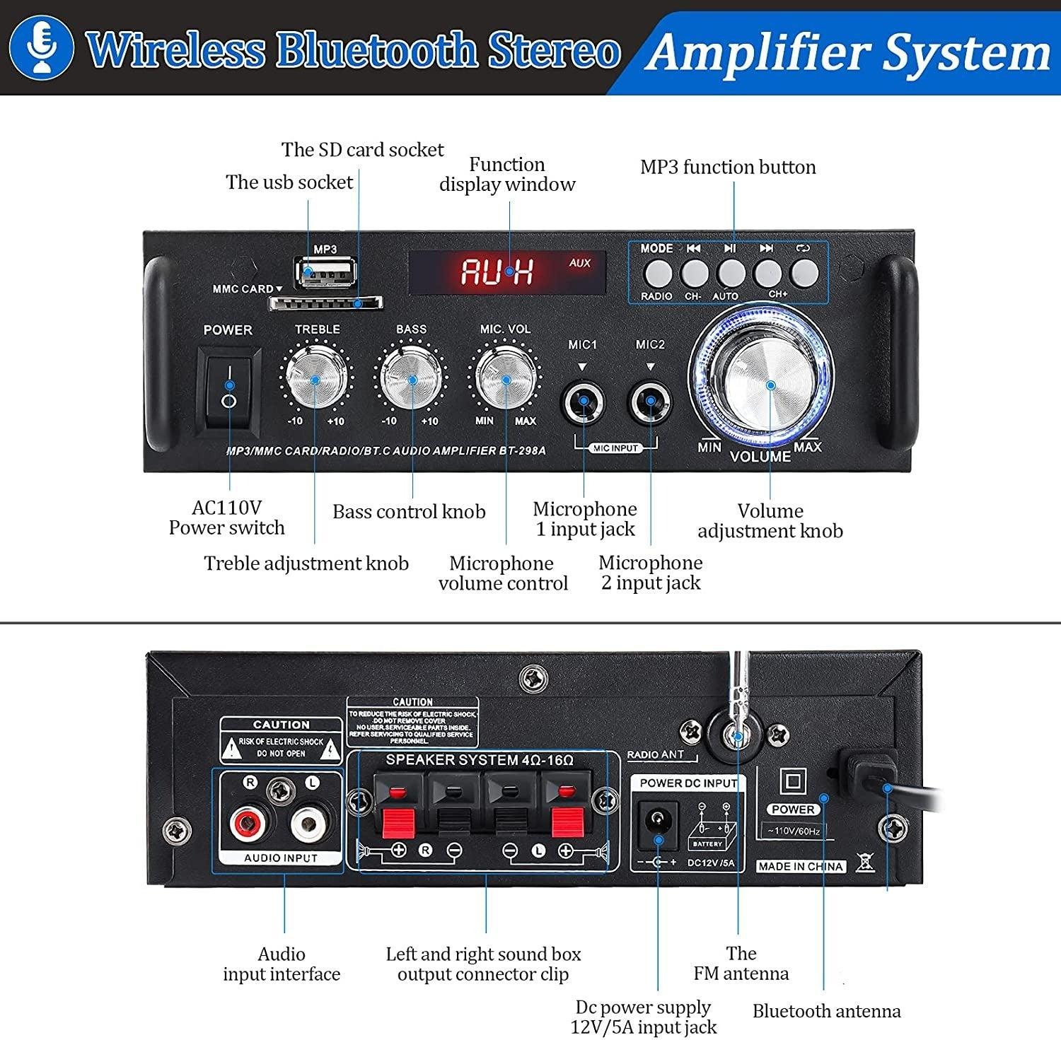 NÖRDIC Bluetooth 5.0 Stereoforsterker 2x40W AUX / USB / BT Lydforsterker med FM 2xMIC inngang